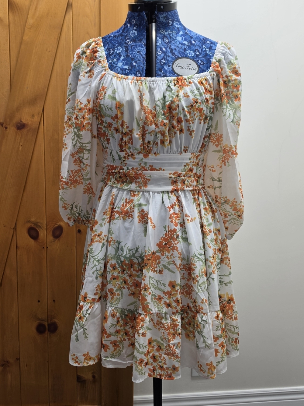 Orange Floral Puff-Sleeve Smocked Waist Tie-Back Dress